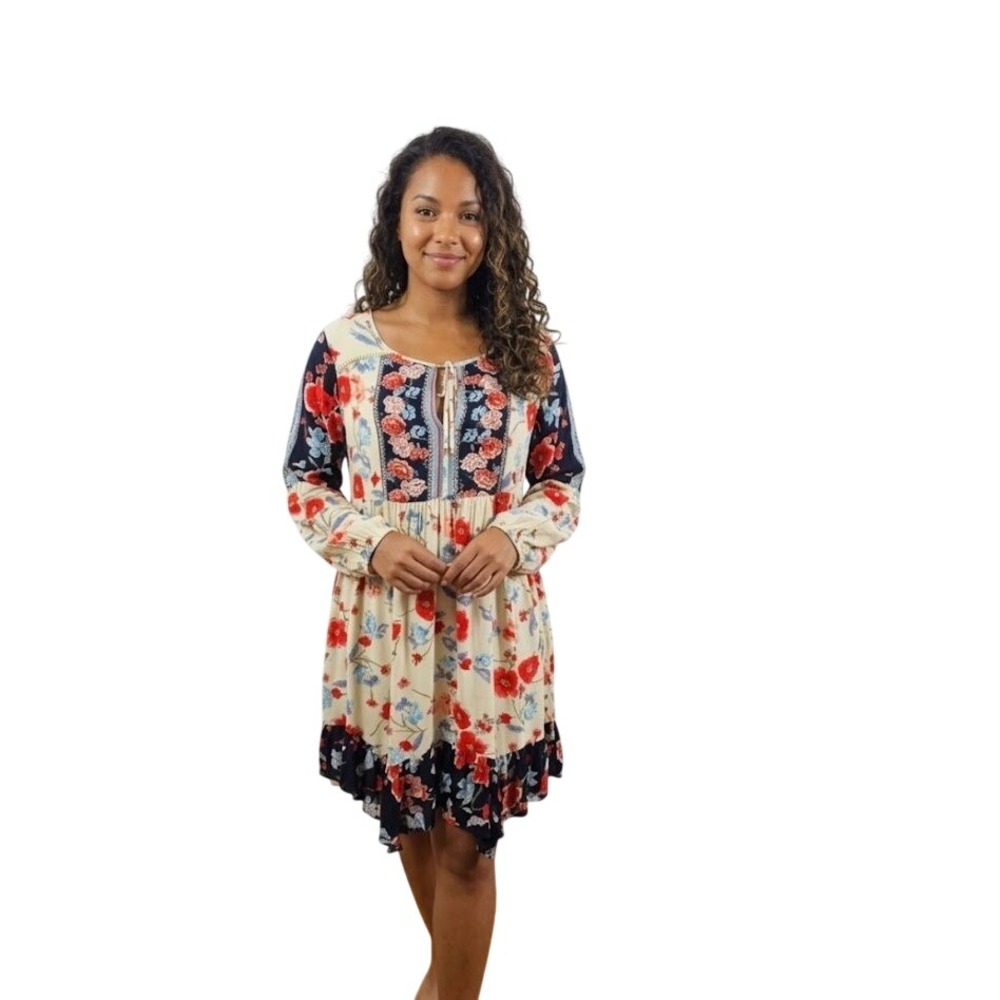 Patrons of Peace Dress Womens L Cream‎ Blue Floral Boho Babydoll Mini J1511F03